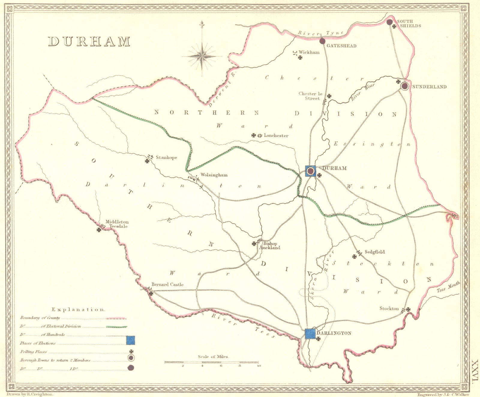 DURHAM. Creighton Walker 1837 old antique vintage map plan chart